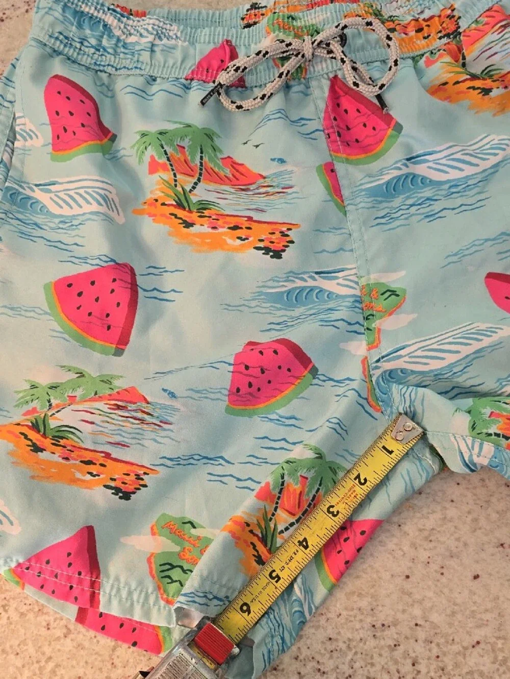 Aqua Tropical Watermelon Print Mens Swim Trunks